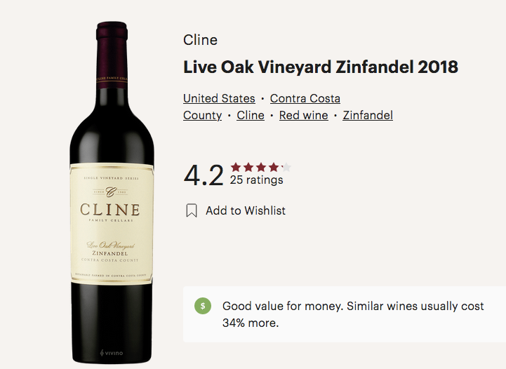 CLINE CELLARS "LIVE OAK" VINEYARD ZINFANDEL 2018 15%